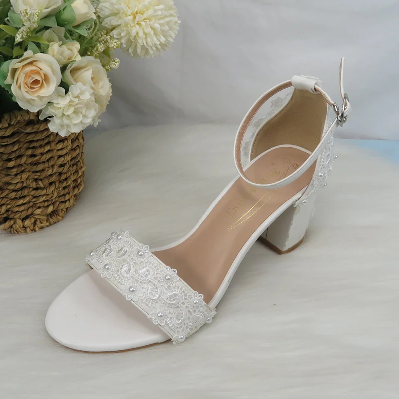 2021 new BaoYaFang fashion white pearl sweet white lace flower sandals a buckle bridesmaid dress shoes