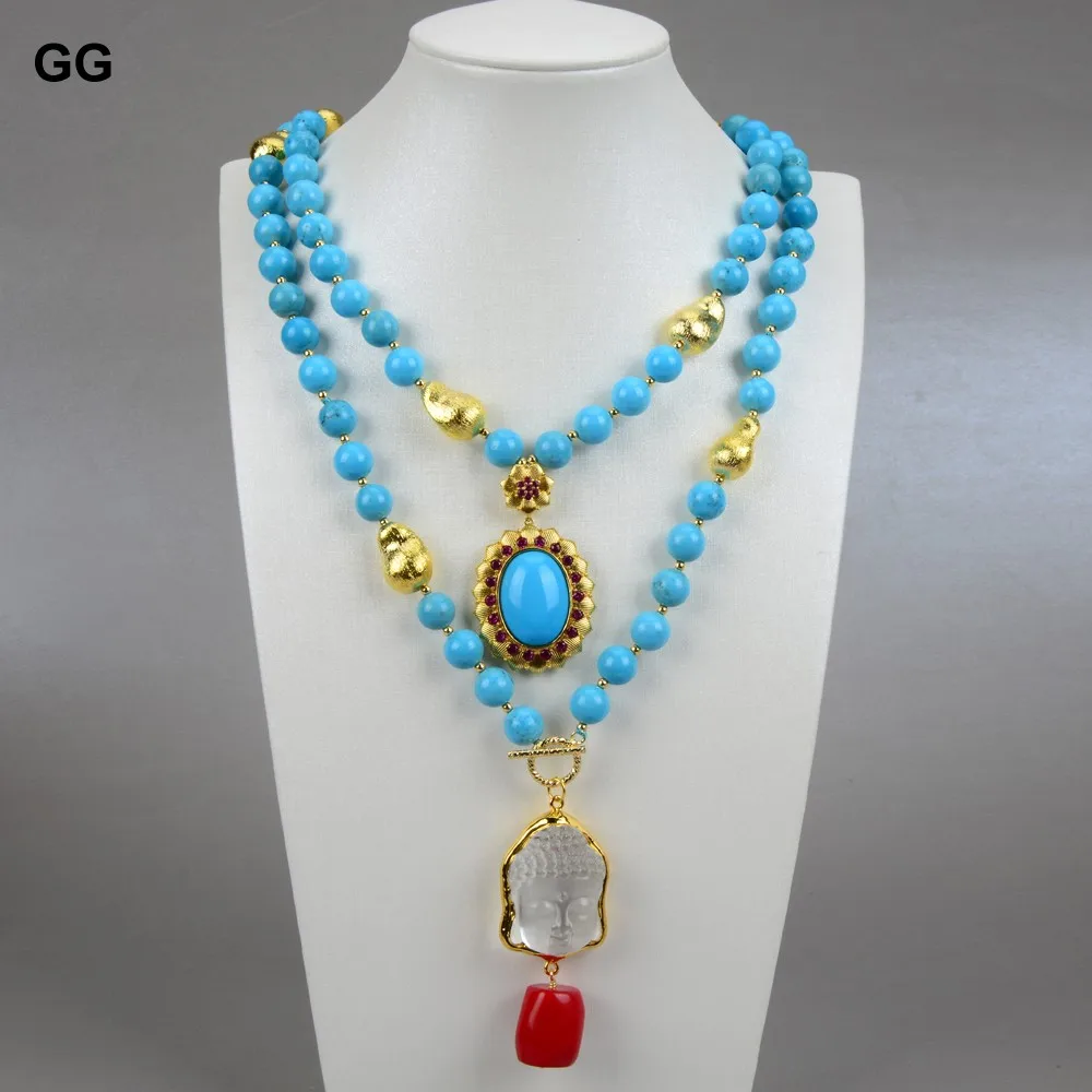 GuaiGuai Jewelry 2 Strands Blue Turquoises Necklace Keshi Pearl Clear Quartzs Buddha Head Pendant Necklace 20