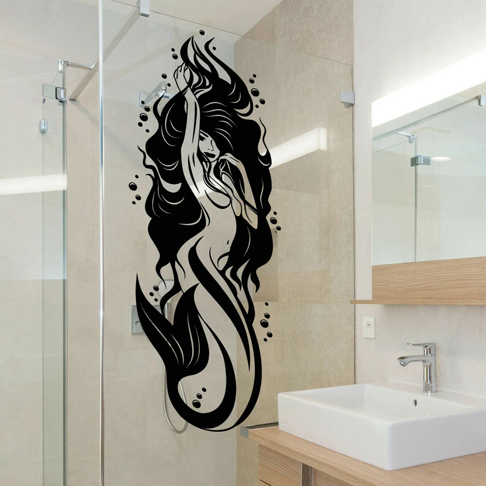 Bathroom Sexy Naked Mermaid Girl Wall Sticker Bath Shower Room Bubble Wedding Fashion Manga Mermaid Wall Decal Vinyl Home Decor