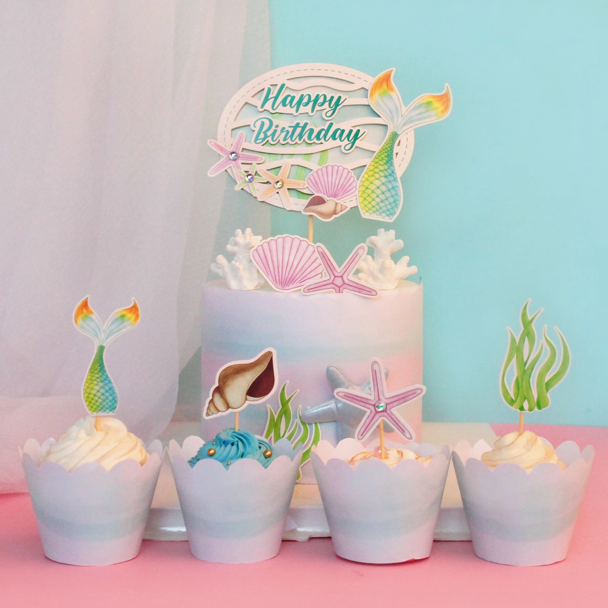 Cake Topper Starfish Shell Conch Mermaid Kids Happy Birthday Wedding Decoration Anniversaire Party DIY Baking Cupcake Toppers