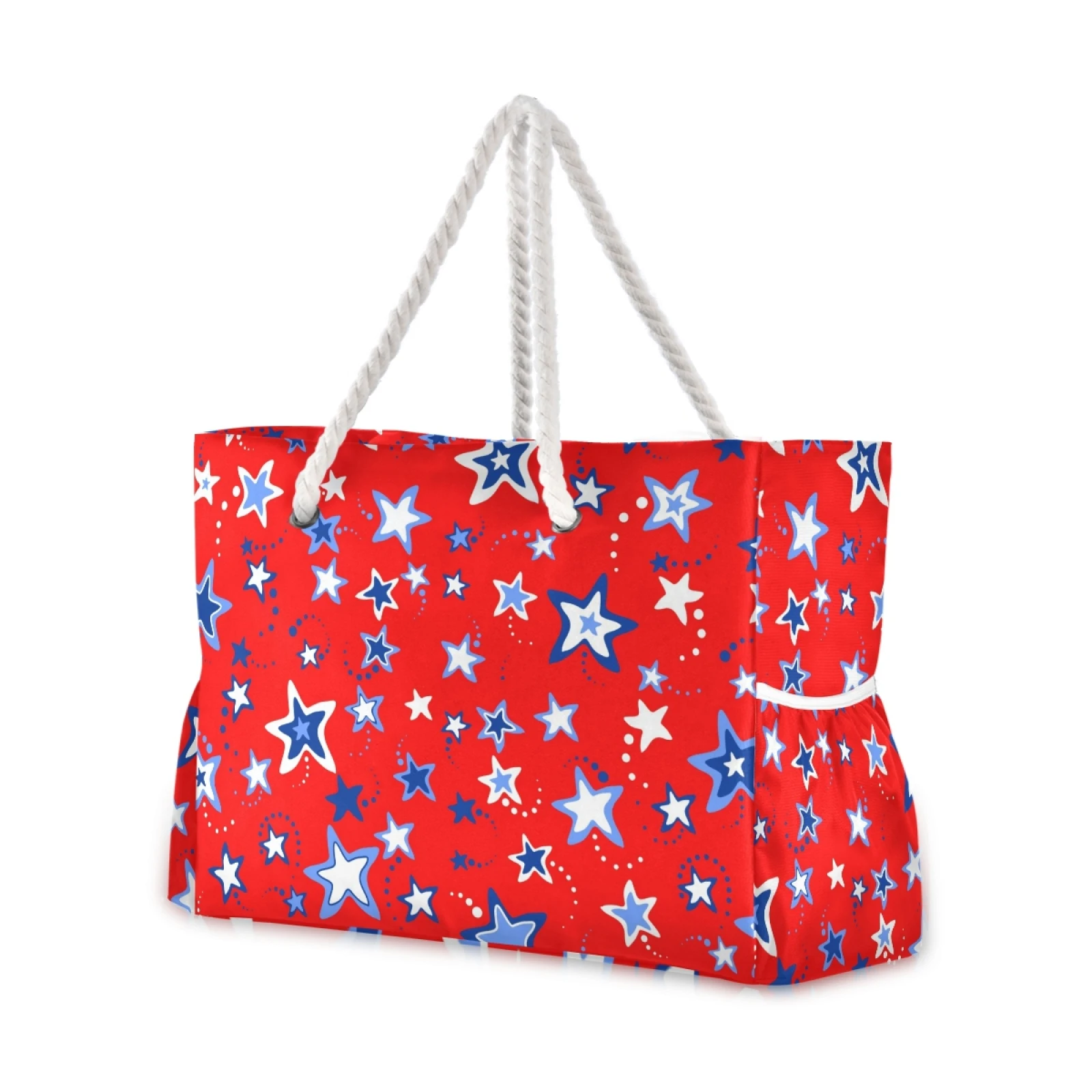 Women Fashion Beach Bag 4Th July Red And Blue Stars Large Tote Bag Multicolor Big Nylon Shopping Travel Casual Shoulder Handbag