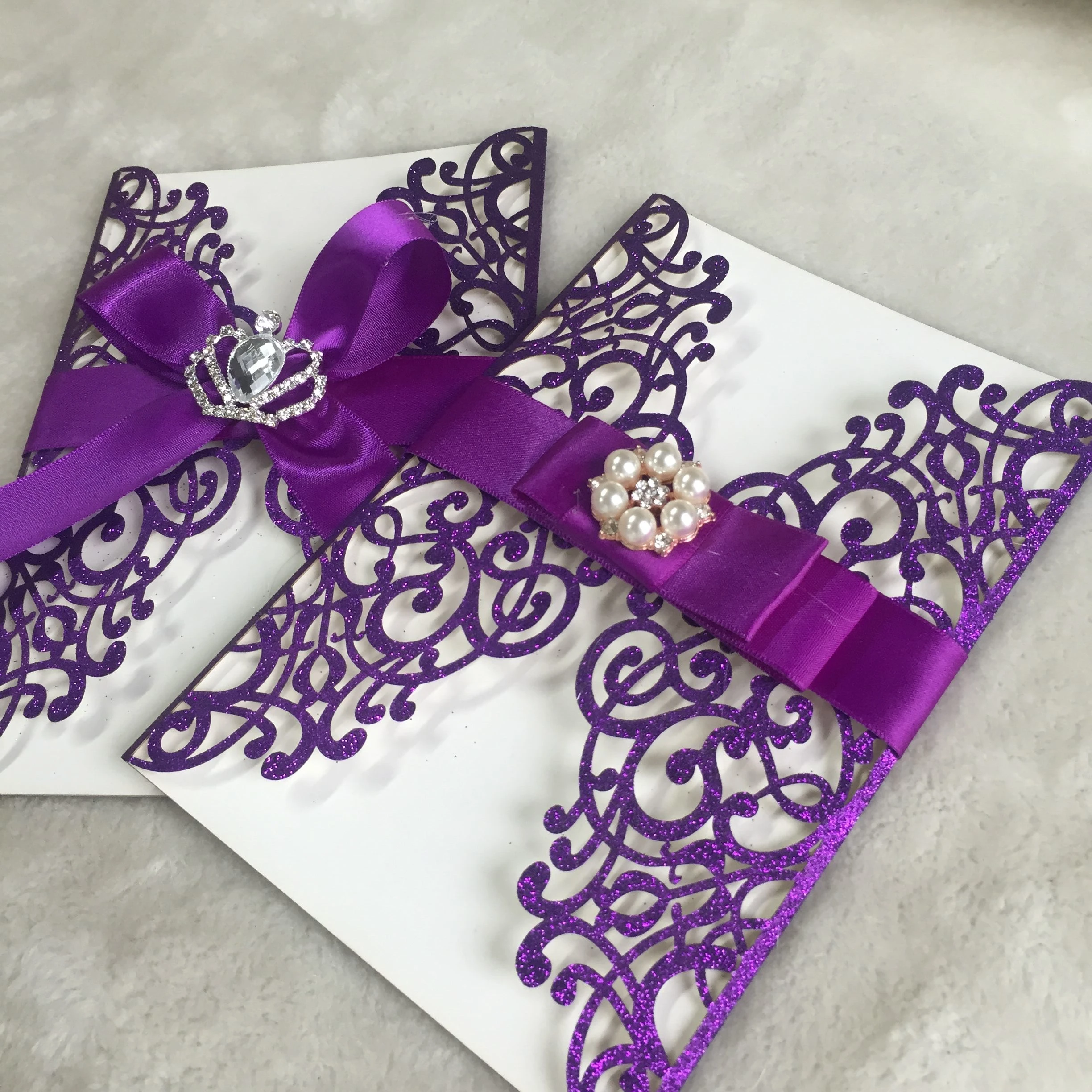 

Free Kraft Print Foil 50set Inc263 Glitter Purple Laser Cut Wedding Invitations Card,big Crown Brooch,tied Purple Ribbon