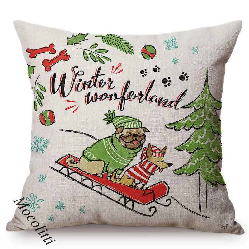 Hand-Painted Cartoon Christmas Sofa Decoration Pillow Case Cute Dachshund Wishes Letter Print Kid's Room Cushion Cover cojines
