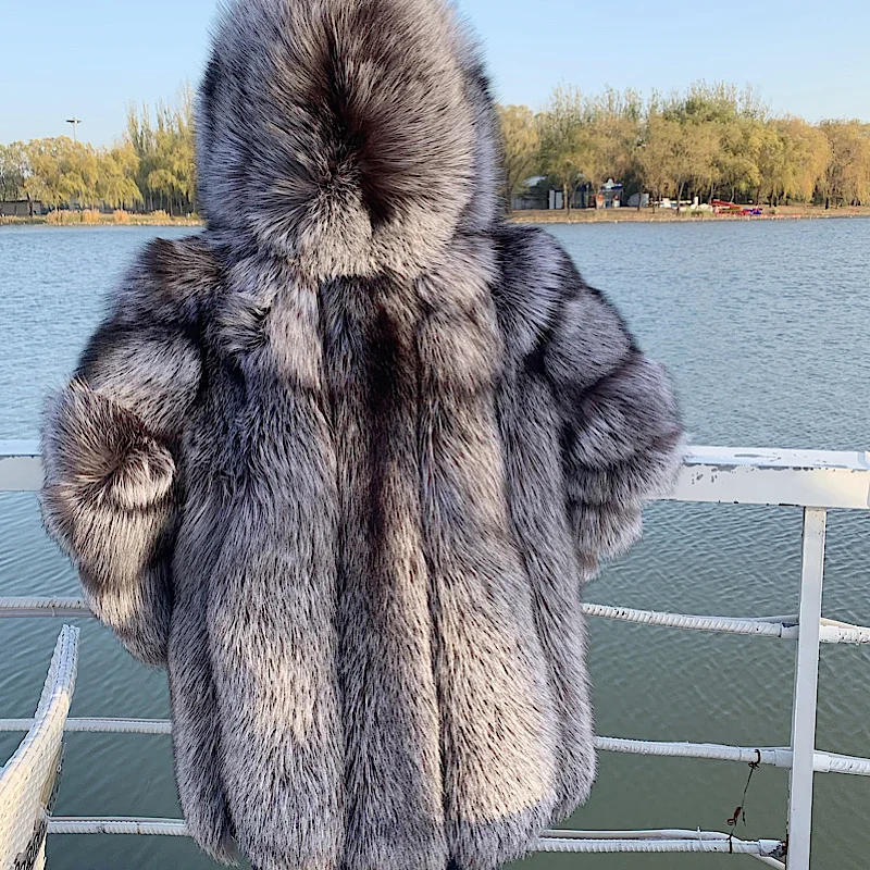 2021 New Luxury Silver Fox Fur Hooded Coats Women Winter Warm Outerwear High Quality Genuine Fox Fur Thick Fur Coat