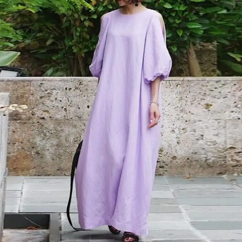 ฤดูร้อนเสื้อผ้ากุลสตรี Solid Sundress หลวม Plain ฝ้ายลินินครึ่งแขนชุดลำลอง Maxi Robe Femme Vestidos