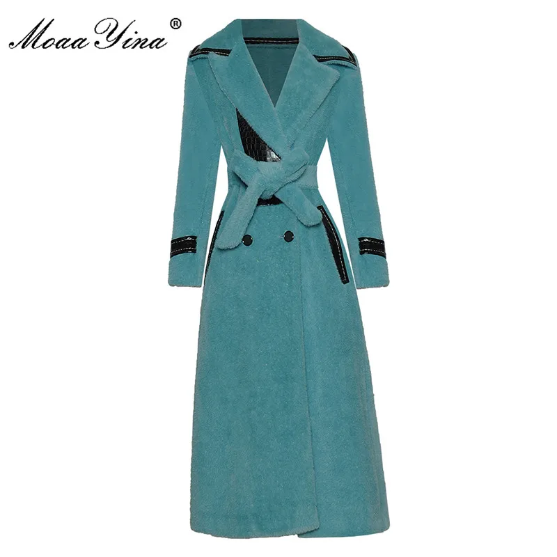 MoaaYina Designer Autumn Winter Warm Trench Women Turn-down Collar Long Sleeve Double Breasted Belt Orange Outwear Overcoat