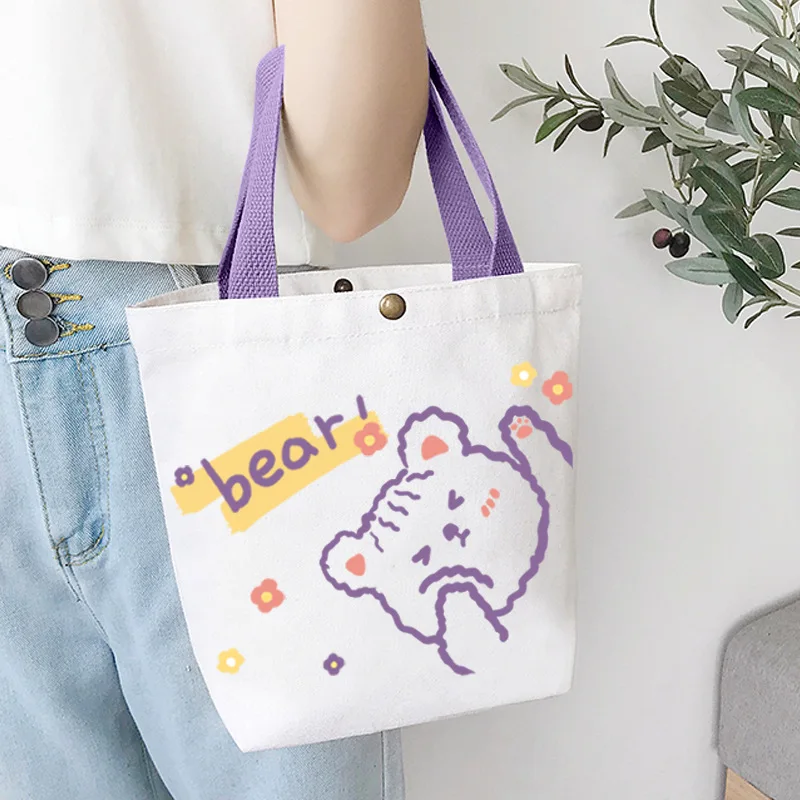 Women\'s Foldable Canvas Shopper Storage Bag Cartoon Printing Large Capacity Hasp Shoulder Bags Girls Portable Travel Handbags