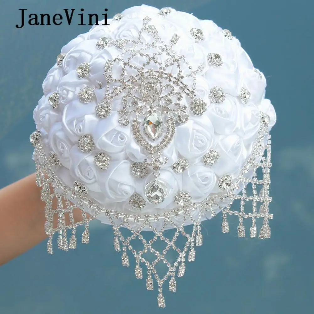 

JaneVini 2019 Luxury Rhinestone Crystal Brooch Wedding Flowers Bridal Bouquets Artificial White Satin Rose Bouquet Ramo De Novia