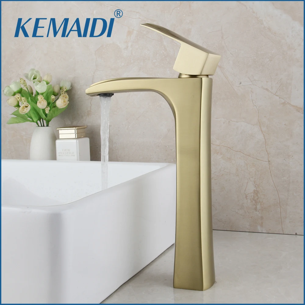 KEMAIDI Brush Golden Solid Brass Faucet  Bathroom Basin Faucet Deck Mounted Vanity Mixer Tap Plumbing Fixture Stream Spout Tap