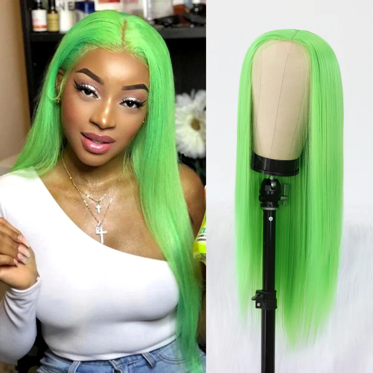 Synthetic Lace Wigs with Natural Hairline Long Straight Hair Lime Green Color Wigs for Fashion Women