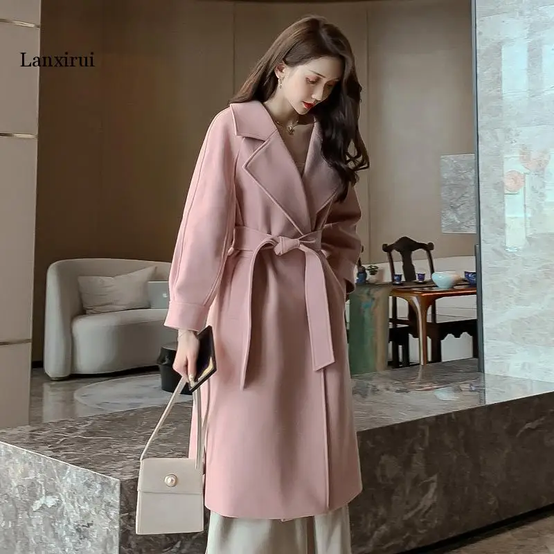 Solid Blends Wool Winter Long Coat Women Korean Turn-down Thicken Warm Woolen Coats  Female Elegant Lantern Sleeve Jacket