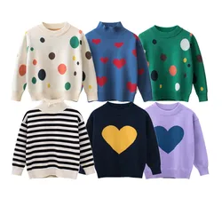 2022 Spring Autumn Children Sweater for Girls 100% Cotton Novelty Heart Dot Striped Kid’s knit Sweater Casual Sport Sweaters