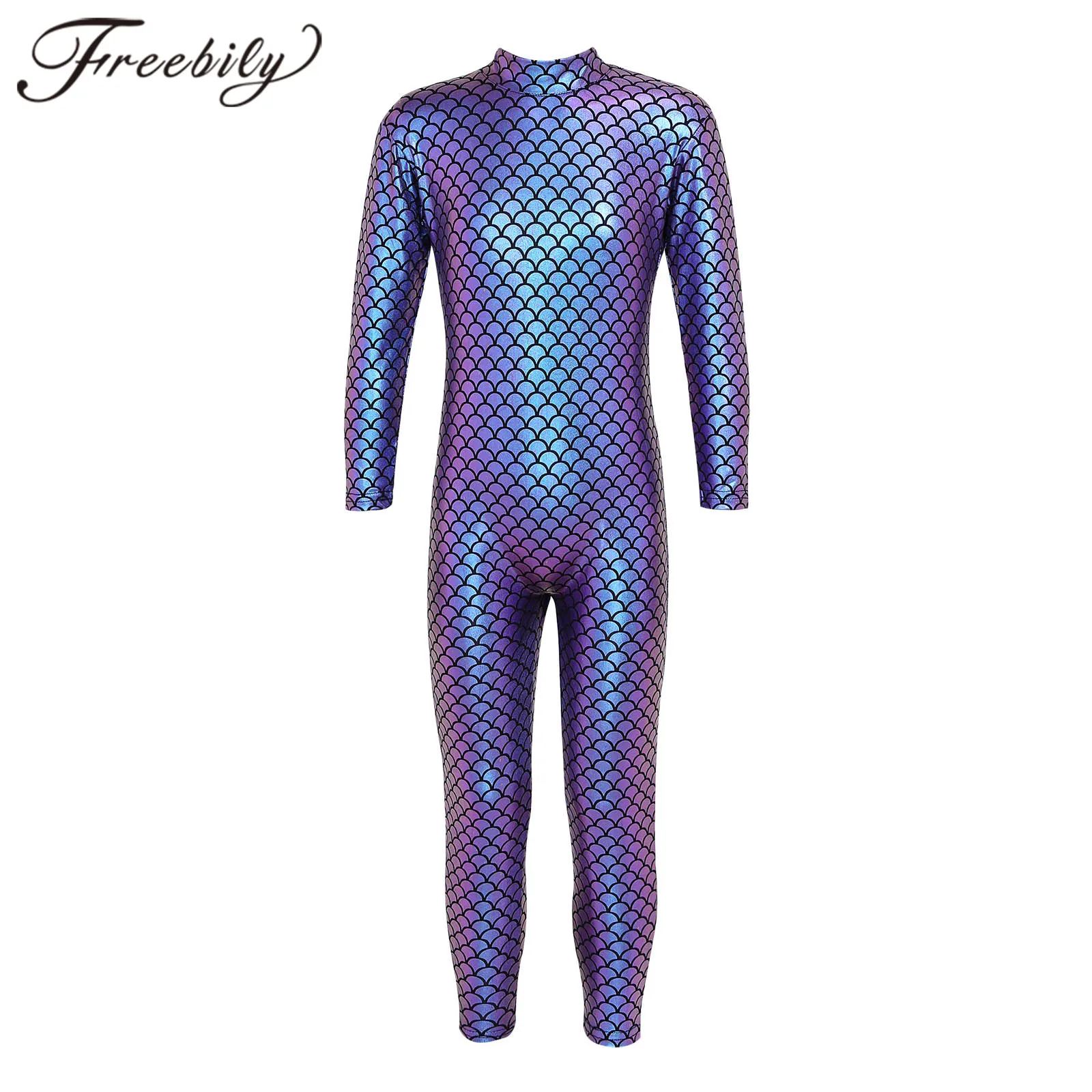 Jumpsuit for Kids, Gymnastics Leotard, Ballet Costume for Dancing, Long Sleeves, Shiny Fish Scales, Printed Bodysuit Girls