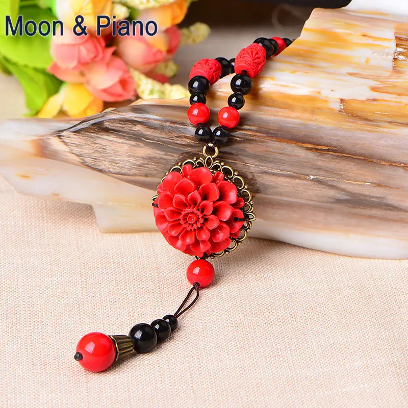 New Ethnic Style Ladies Pendant Necklace Fashion Retro Red Flower Female Clothes Accessories Temperament Clavicle Sweater Chain