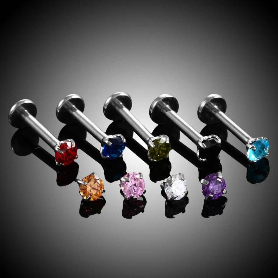 1PC Colorful Labret Lip Ring Zircon Internally Threaded Prong Gem 16G Tragus Helix Ear Piercings Earring Cartilage Women Jewelry