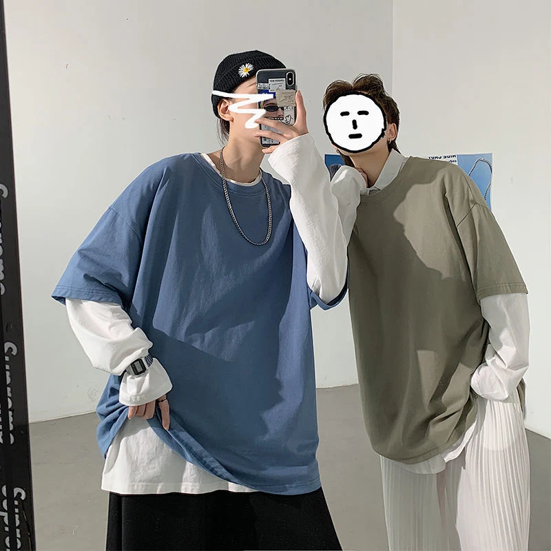 Fashion Trend Fake Two Men Clothing Spring Autumn Long Sleeve Student Teens Tshirts Harajuku White Black Gray Blue Oversize Tops