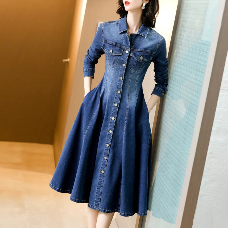 TIYIHAILEY Women Long Stretch Knee length Dresses Denim Spring And Autumn Long Sleeve 2024 High Quality Single Breasted S-4XL