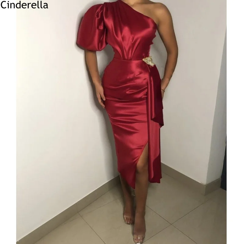 

Red Prom Dresses One Shoulder Silk Satin Pleated Mermaid Crystal Prom Dresses With Zipper Back vestidos de fiesta de noche