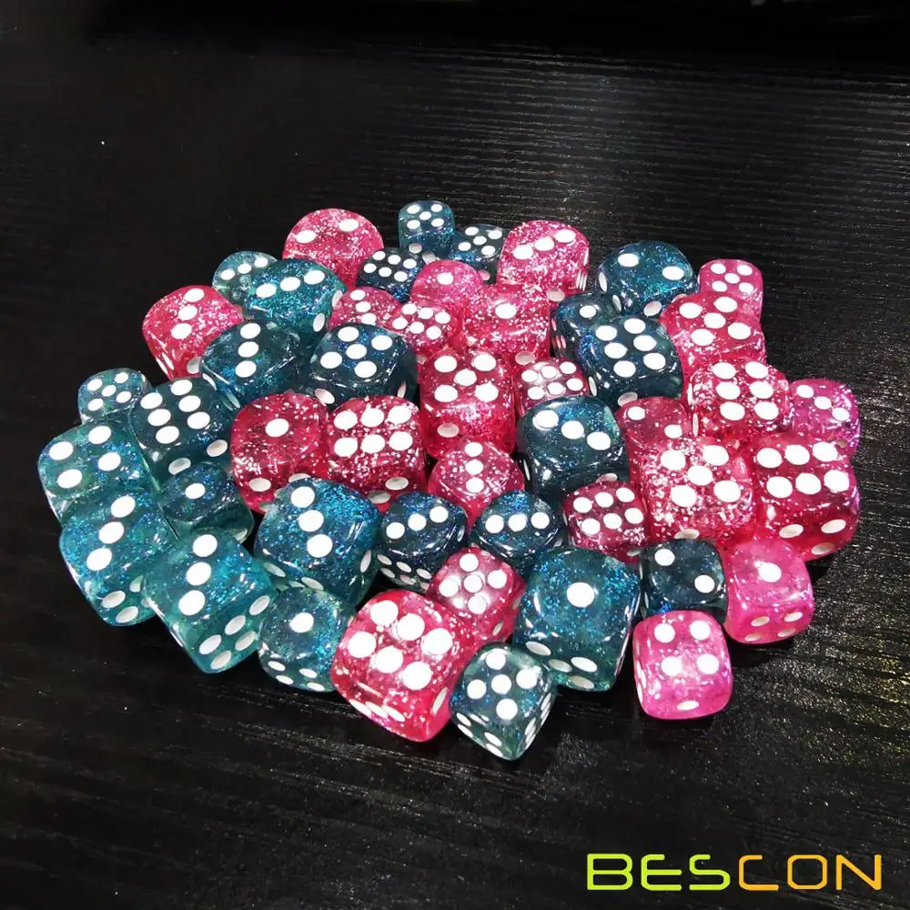 Bescon Ethereal Glitter Dice D6 16MM&12MM 48pcs Set, Game Dice Glitter Rose and Teal in 12MM&16MM Each 12pcs