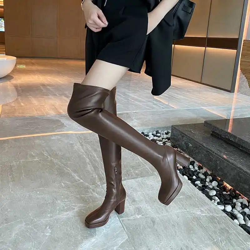 Krazing Pot Genuine Leather Square Toe Super High Heels Waterproof Korean Street Pretty Girls Classic Over-the-knee Boots L42