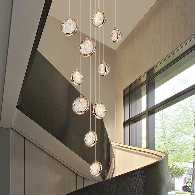 Modern led chandelier golden staircase large long line hanging crystal chandelier attic living room luxury lighting Chandelier