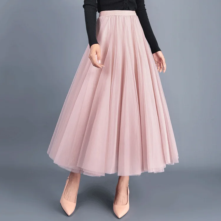 

Pink 3 Layers Tulle Skirts For Womens Organza Bubble Skirts High Waisted A-Line Lolita Petticoat Bridesmaids Long Skirt