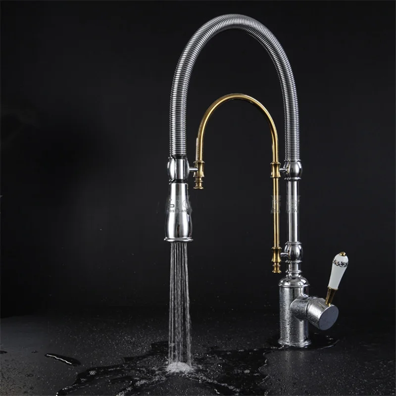 Gold Kitchen Sink Faucets, Hot and Cold Brass Rotating Mixer Tap, Pull Out Spray Nozzle, Single Handle, Dual Outlet, Deck Mount