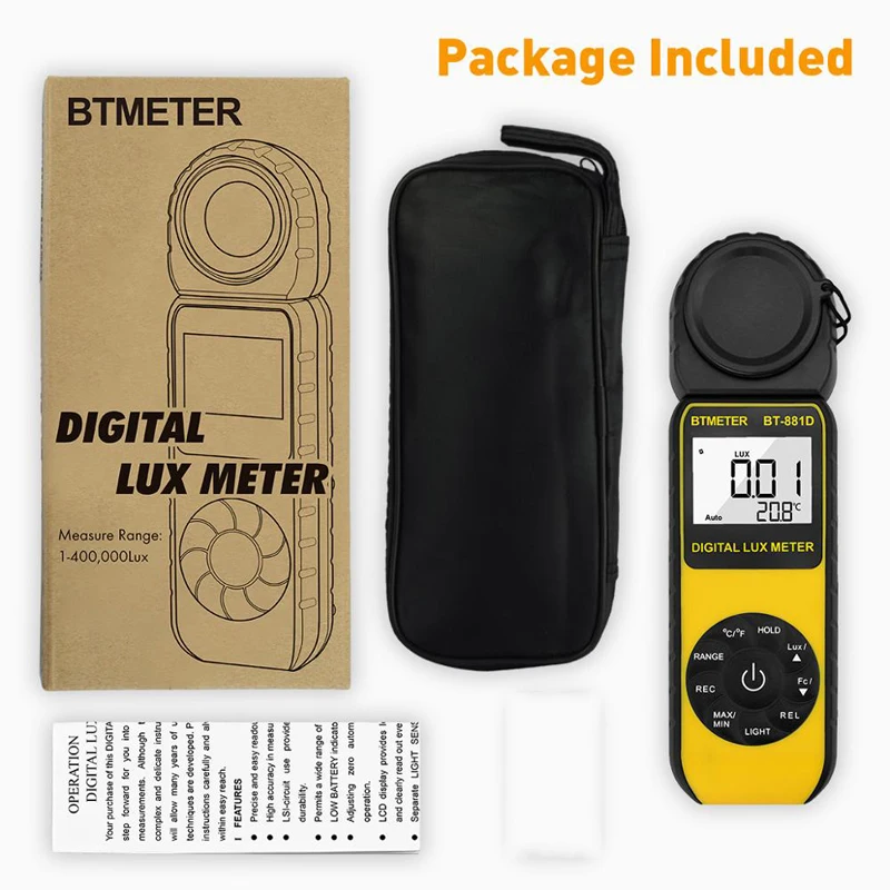 BTMETER Kỹ Thuật Số Độ Rọi Đèn Siêu Sáng 0.1 ~ 400,000 Lux, Đầu Cảm Biến Xoay Với LUX/FC, cầm Tay Nhiệt Độ Môi Trường Xung Quanh Tay