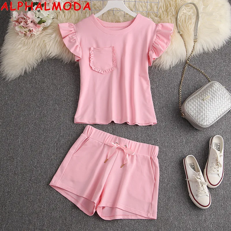 ALPHALMODA 2020 Summer Ruffled Sleeve Pleated Pocket Women  Cute 2pcs Tshirt Shorts Suit Solid Color Sweet Girls Lounge Wear Set