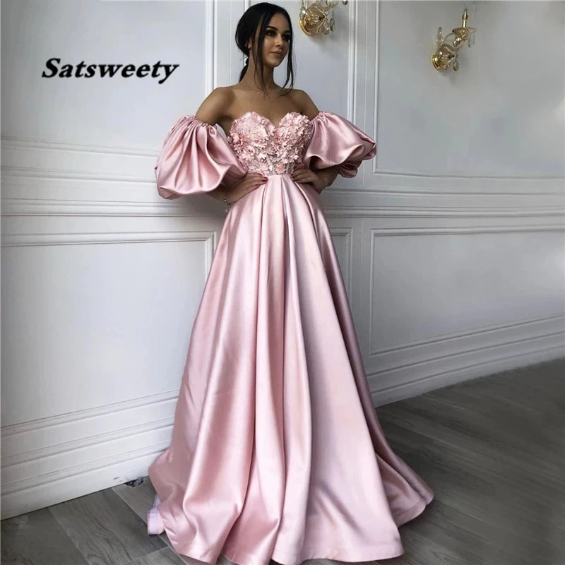 

Pink Sweetheart Neck caftan Evening Dresses Flowers Full Sleeve Arabic Special Occasion Dresses Evening Party Gowns