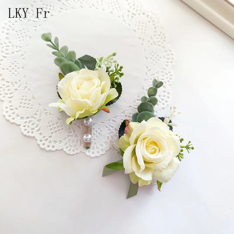 LKY Fr Boutonniere Pin Wedding Corsage Bracelet Bridal White Pink Roses Silk Flower Marriage Accessories Groom Buttonhole Brooch