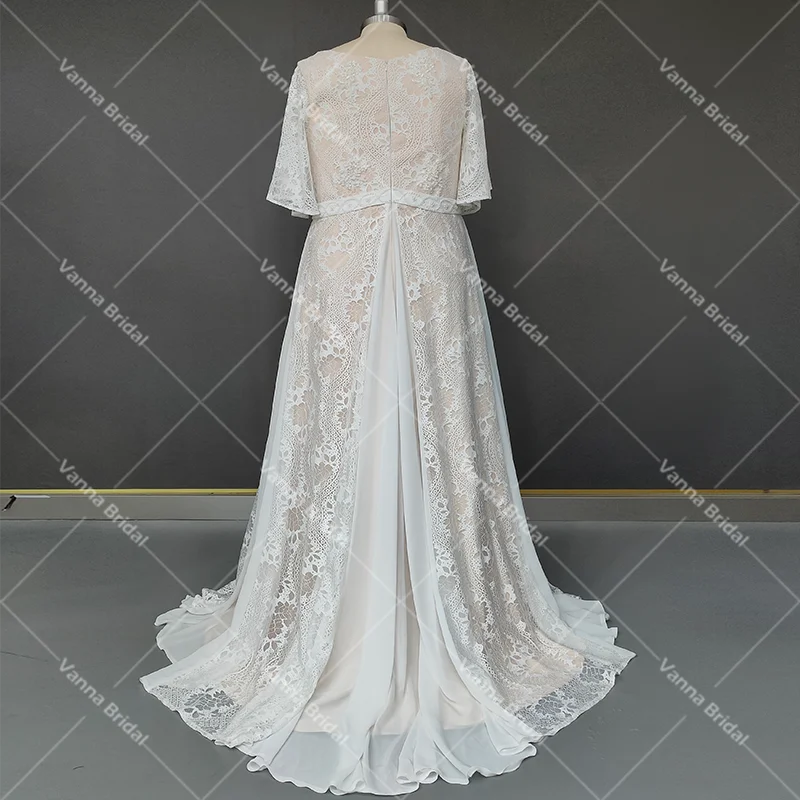 Fotos reais do laço país barco pescoço vestidos de noiva chiffon mangas curtas beading praia uma linha feito sob encomenda destino vestido de casamento