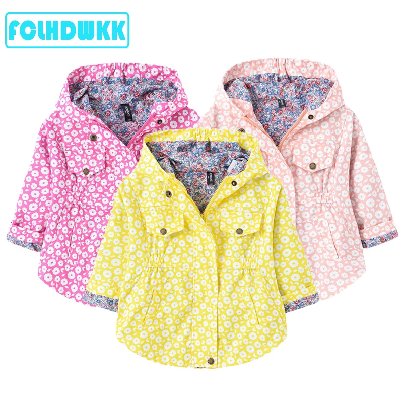 2020 Spring Autumn New Jacket Coat For Girls Flower Windbreaker Jacket Children Waist Hooded Mid-length Coat Jacket Kids Clothes