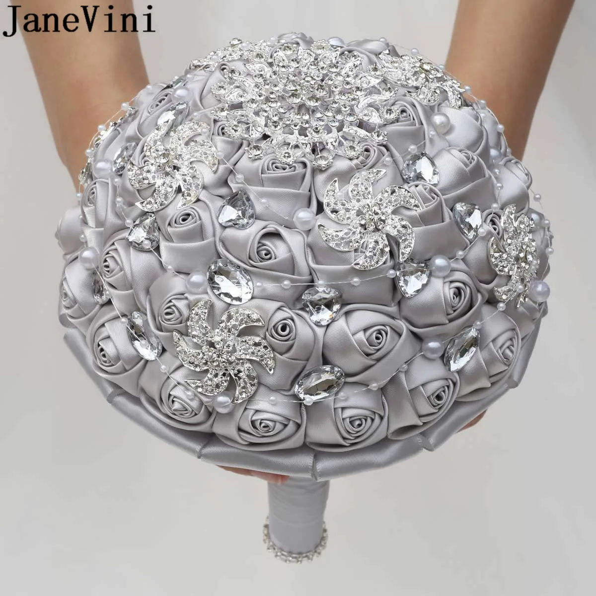 JaneVini Luxury Silver Crystal Wedding Bouquet Bride Hand Jewelry Rhinestone Diamond Satin Rose Bridal Brooch Flower Accessories