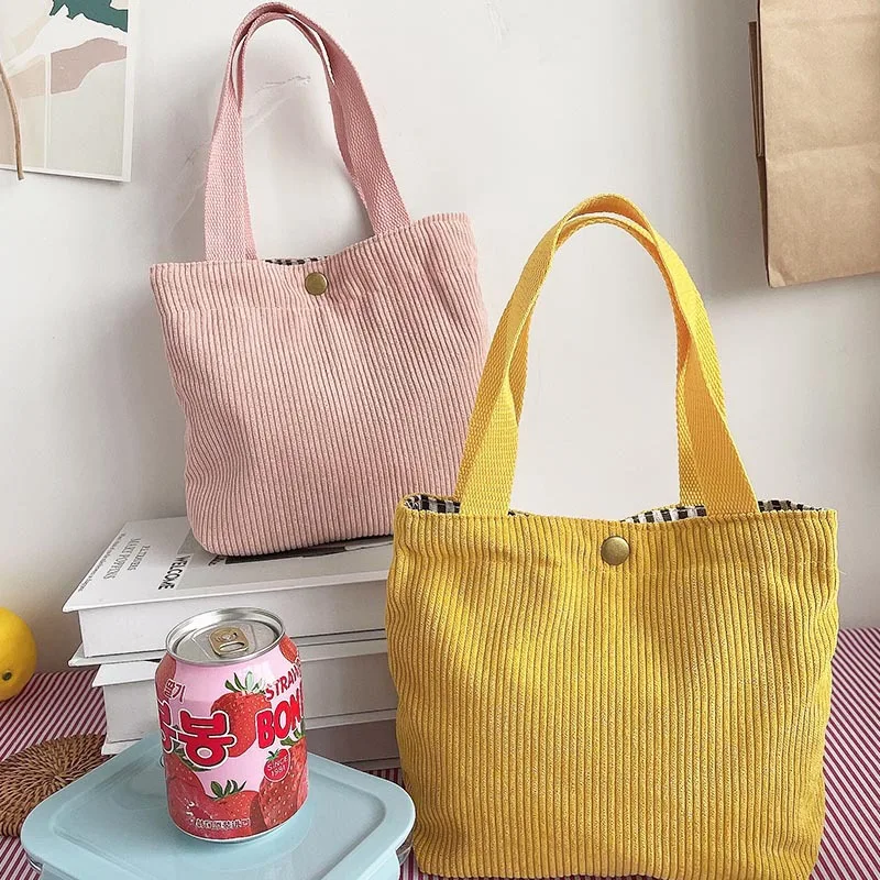 Bolso Retro portátil para mujer, bolsa pequeña de estilo universitario Morandi de Color, bolso de mano para cosméticos, bolso de pana para el almuerzo, monedero