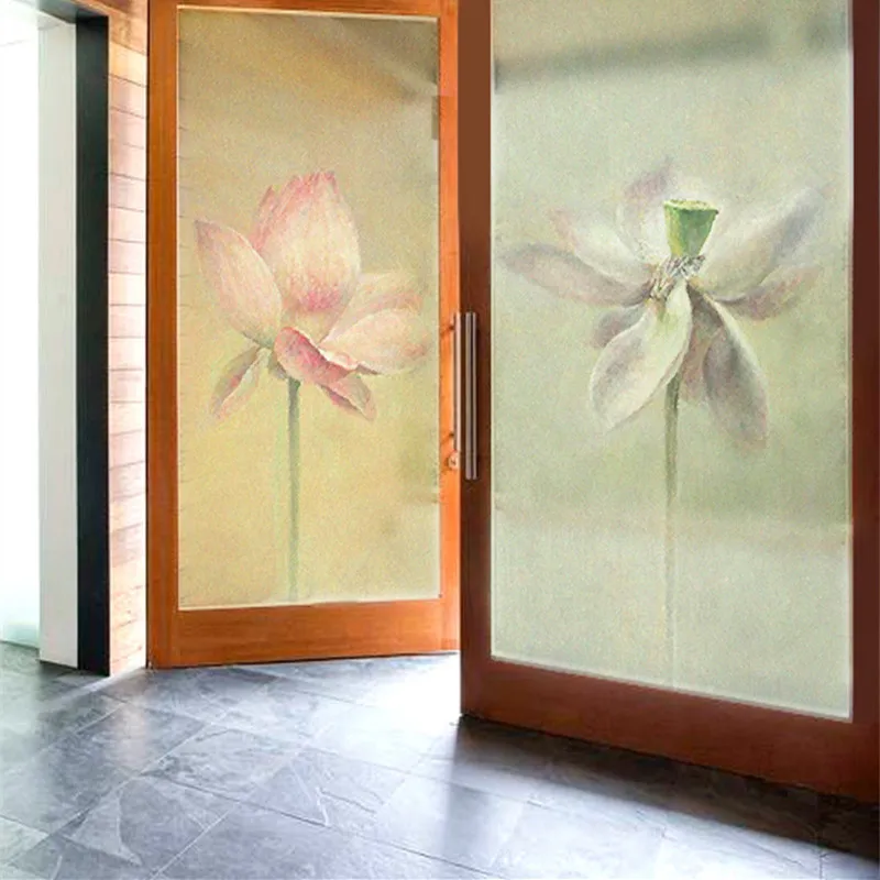 

Chinese Style Lotus Pattern Electrostatic Frosted Glass Film, Bathroom, Living Room, Bedroom, Wedding Room,PVC opaque Film