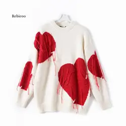 Spring Love Heart Solid Color Oversize Women Sweater Sexy Off Shoulder Long Sleeve Pullover Valentine's Day Knitwear