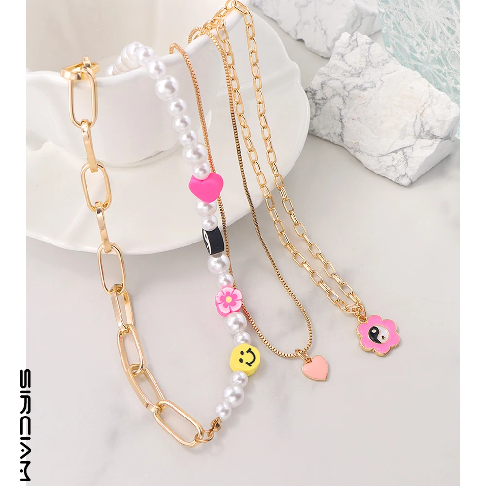 Sweet Pink Flower Asymmetry Imitation Pearls Beaded Necklace For Women Heart Yin Yang Smile Bead Layerd Necklaces Boho Jewelry