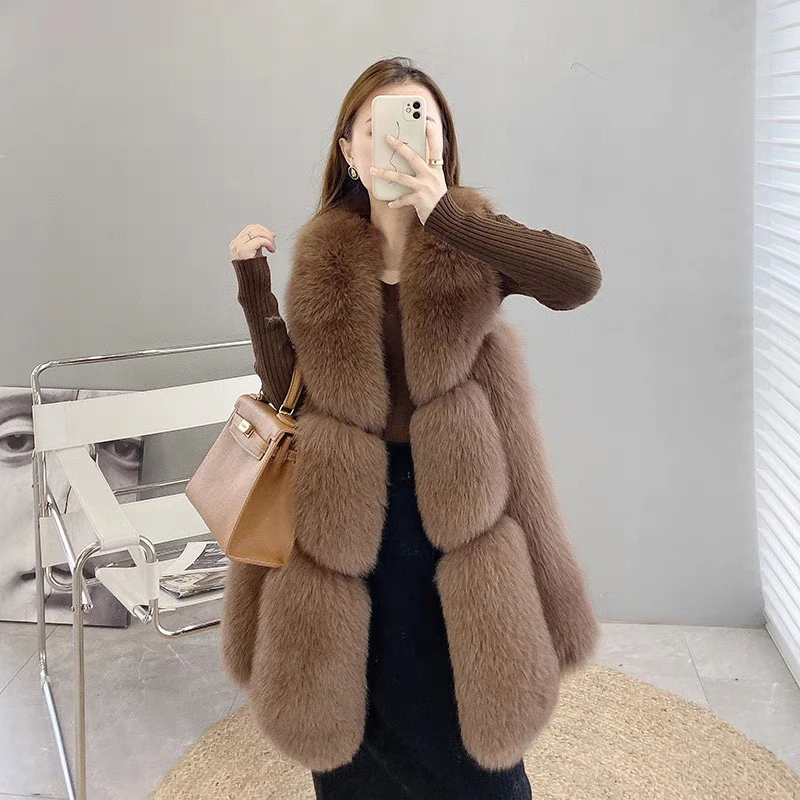 

New Arrival Girl's Khaki Real Fox Medium Vest Fluffy Full Pelt Dark Grey Fox Fur Gilet Genuine Leather Fox Fur Waistcoat