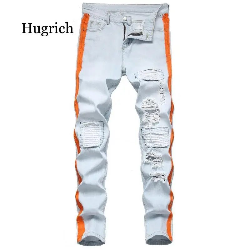 

2021 Autumn Spring Hip Hop Punk Streetwear Denim Hole Moto Bike Jeans High Quality Ripped for Men Size 29-42