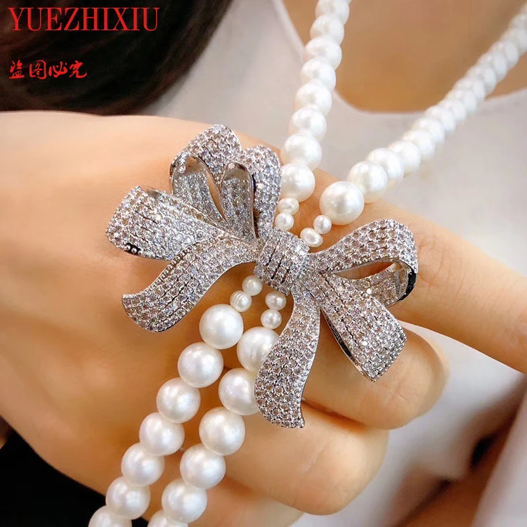 Freshwater pearl sweater chain 8-9mm long sweater Bowknot inlay zircon delicate necklace  30