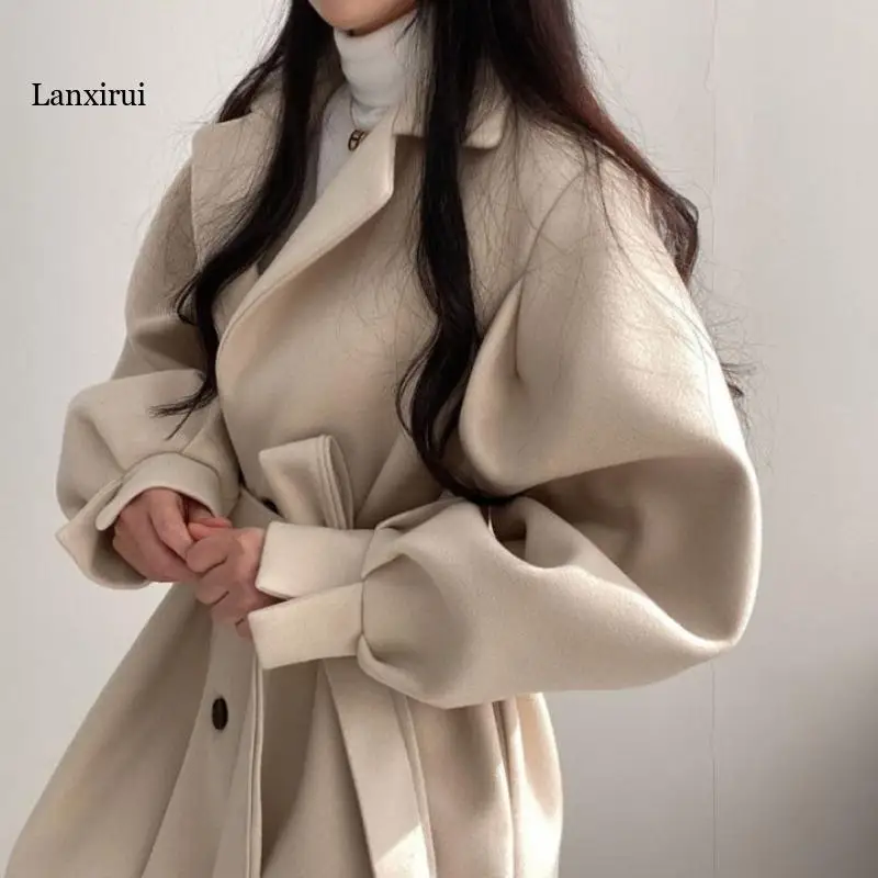 Autumn Winter Black/Beige Blends Women Casual Turn-Down Collar Long Sleeve Single Breasted Outerwear Female Fashion Coat