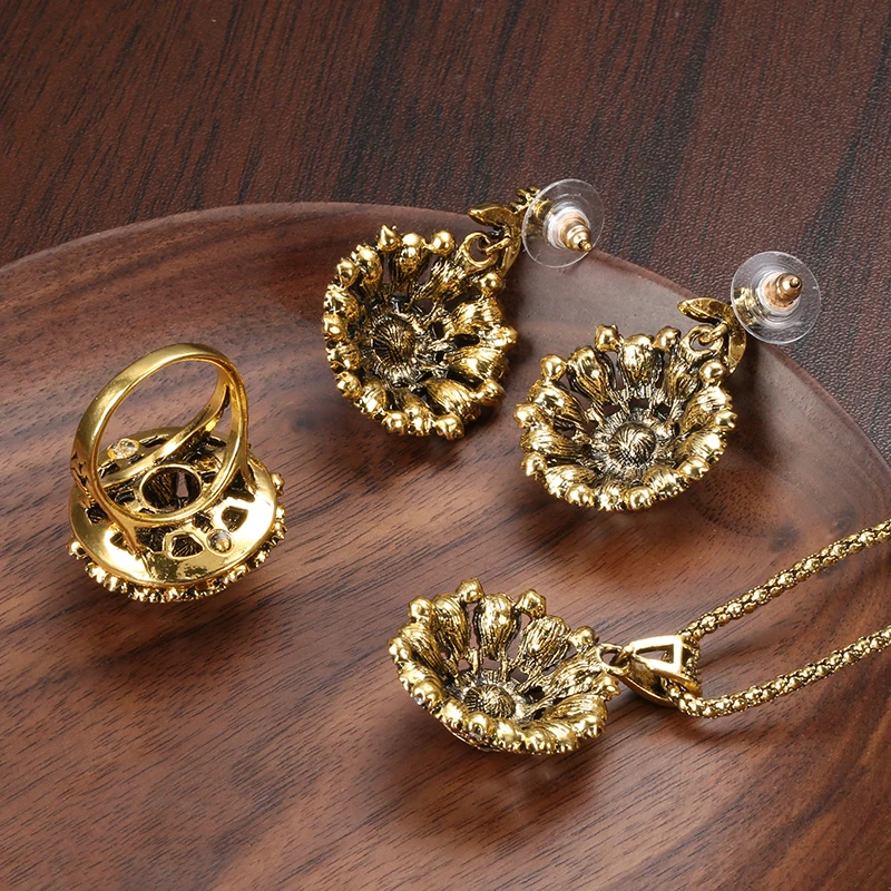 Kinel Hot Ethnic Bride Crystal Flower Earring Ring Jewelry Sets Fashion Antique Gold Necklace For Women Boho Jewelry Wholesale