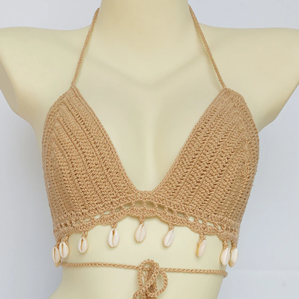 

2020 new handmade crochet shell tassel split bikini sunbathing beach spa swimsuit bra women's bikini