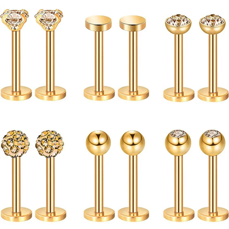 12PCS Stainless Steel Labret Piercing 16G Lip Ring Crystal Lip Helix Piercing Tragus Earring Cartilage Stud Body Pircing Jewelry