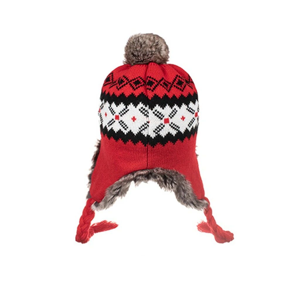 FS Gray Red Knit Women Winter Earflap Hat Warm Woolen Trapper Bomber Hats For Men Outdoor Windproof Russian Cap With Fur Pompom