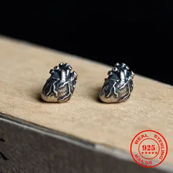 MKENDN New Punk Retro Real 925 Sterling Silver Earrings Anatomical Human Heart Stud Earrings Personality Jewelry Halloween Gift