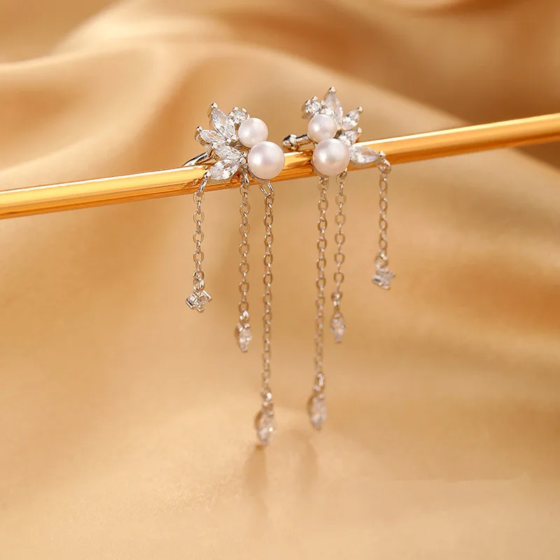 1 Pcs 925 Sterling Silver No-piecing Zircon Tassel Bead Pearl Clip Earring For Women Girl Ear Cuff Jewelry Brincos Bijoux Femme