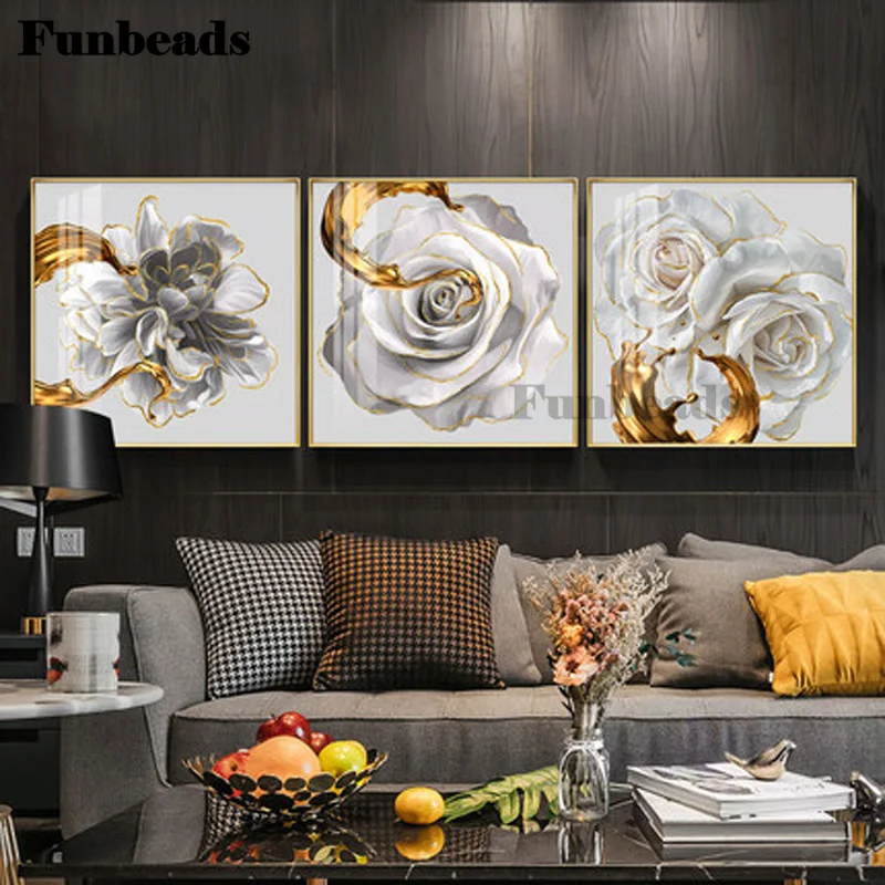 5-White rose gold diamond painted cross stitch Mosaic abstract painting Nordic style wall art home decor digital jigsaw FF4194