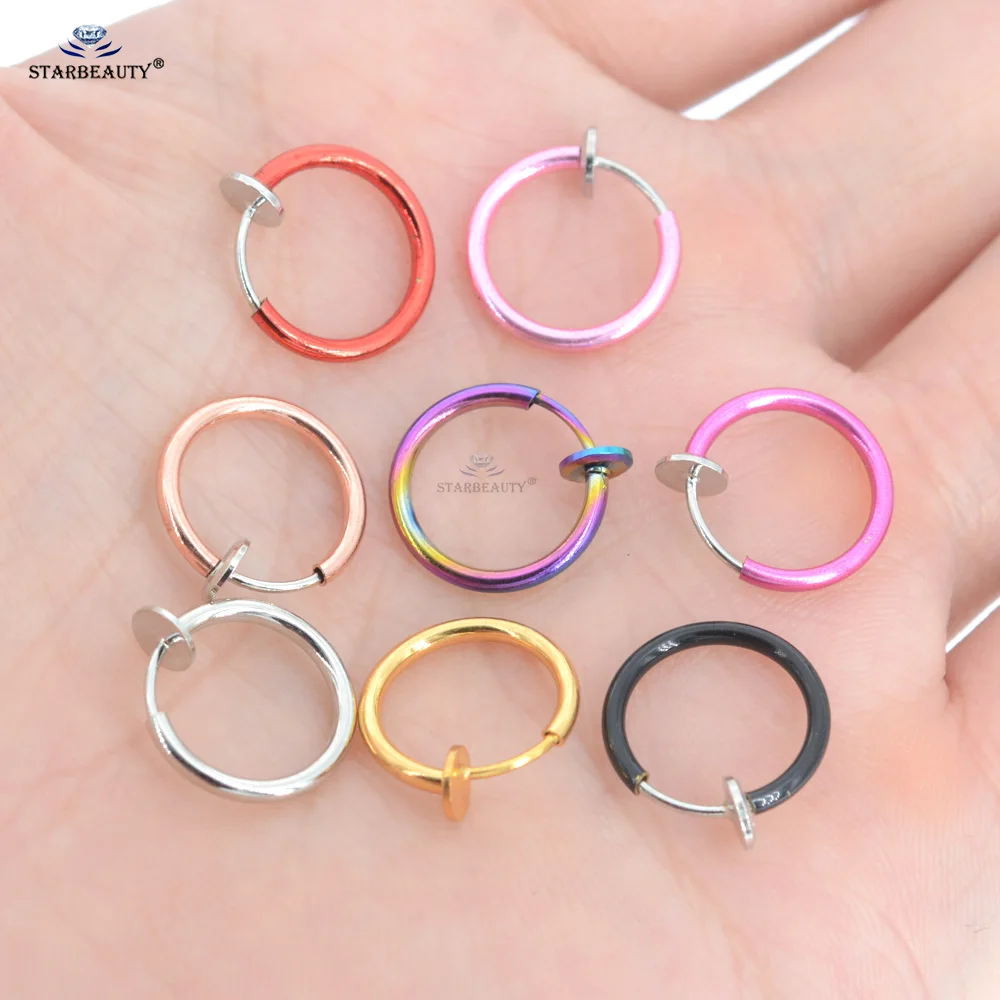 Starbeauty 2Pcs 0.8x10mm Labret Piercing Lip Fake Nose Ring Hoop Septum Rings Faux Nose Piercing Ear Clip Earrings Helix Jewelry